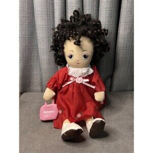 VTG Birthday January Plush Stuffed Doll Sugar Loaf Red Dress Curly Hair Purse